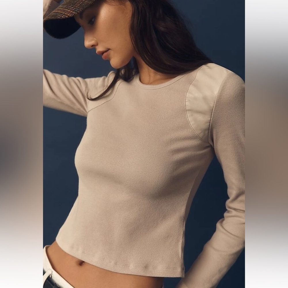 Maeve by Anthropologie Faux Leather-Inset Pullover Top - Stone - Size Small